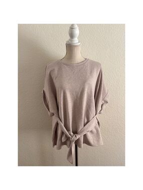 Express Tie Waist Top XL Mauve Heathered Knit Cuffed Short Sleeve Crewneck